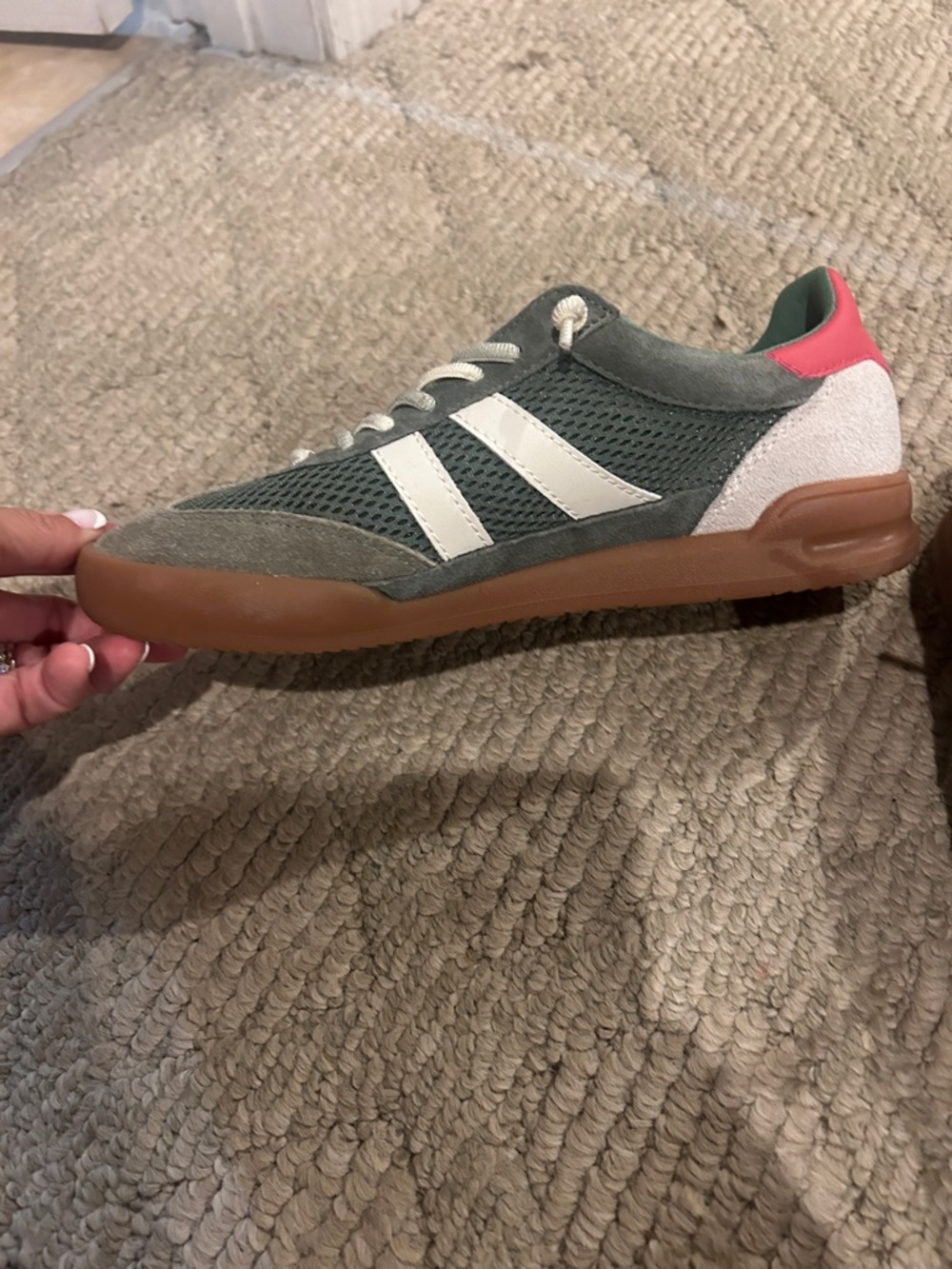 Steve Madden Olive Mesh & Suede Sneakers with Gum Sole and Pink Heel - Picture 6 of 10